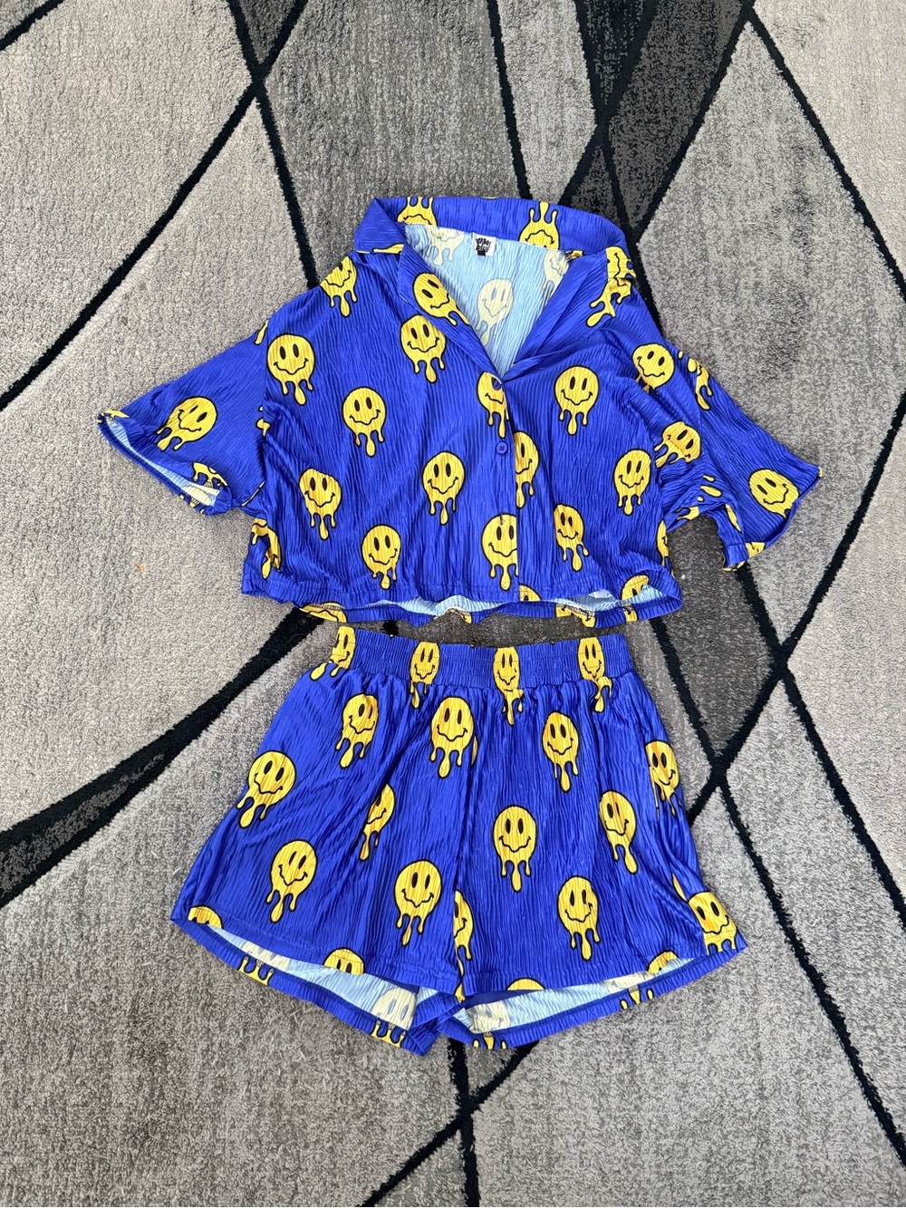 Blue Smiley Crop Top - Short Sleeve Button Front